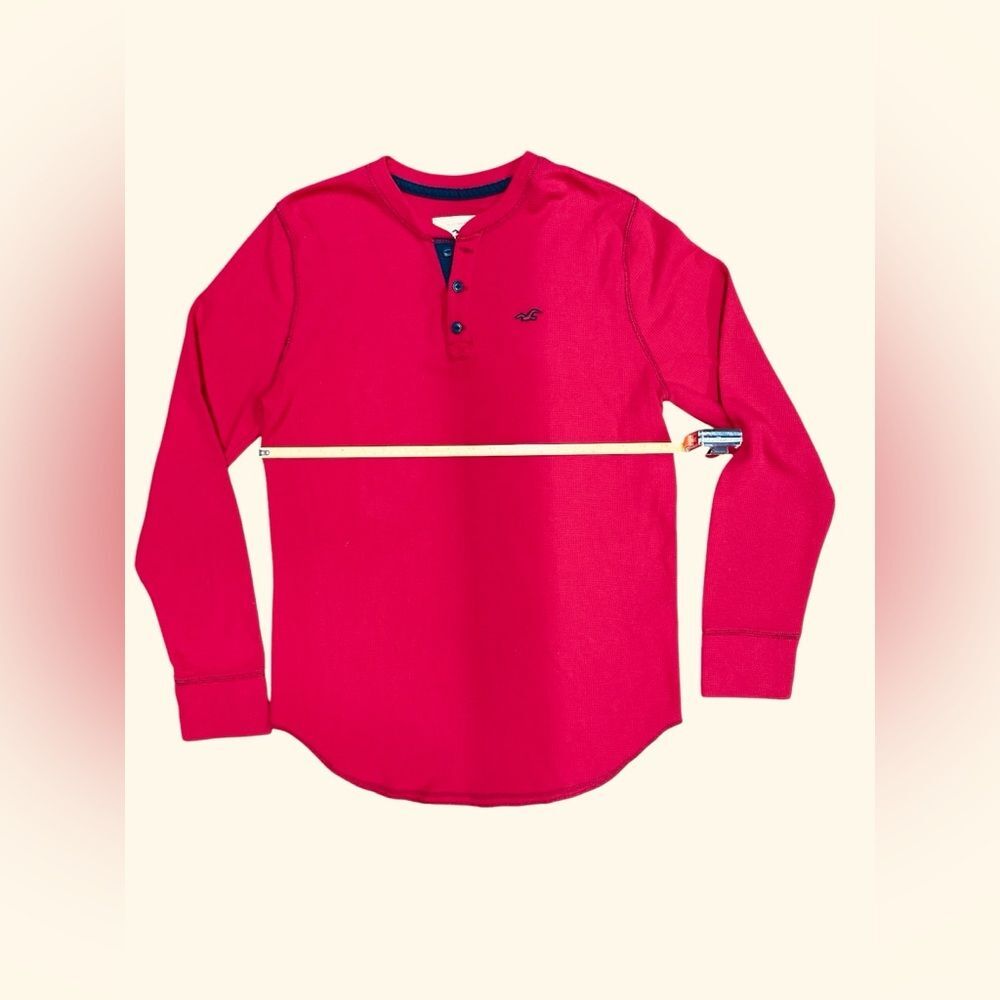 HOLLISTER‎ Red Waffle Henley Long Sleeve Shirt Large With Logo - Picture 2 of 6